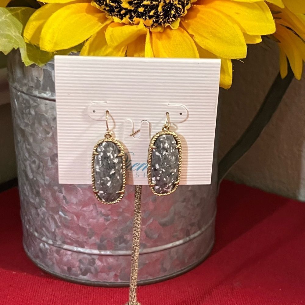 Premier Designs Rocco Fishhook Earrings Gold & Gray Faced Stone #PDER1